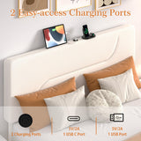 VECELO Full Size Bed Frame with LED Lights, Upholstered Velvet Headboard with Charging Station, Metal and Wood Slats, No Box Spring Needed, Noise Free, Beige VECELO