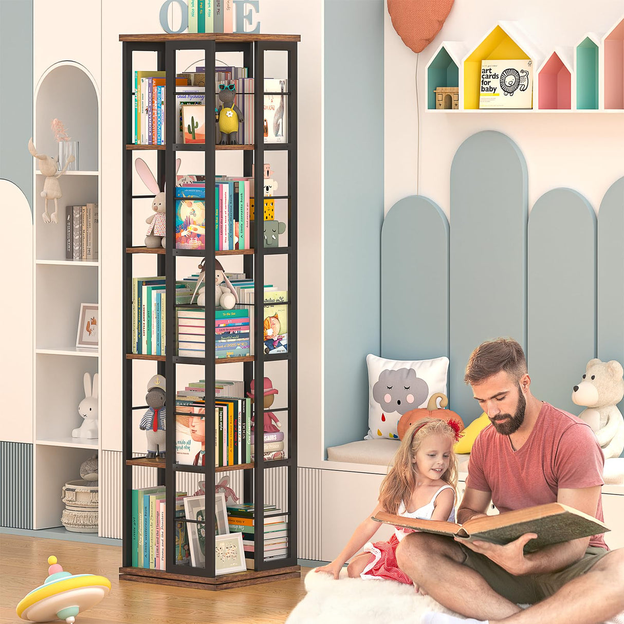 Aheaplus Rotating Bookshelf, Corner Bookcase, 360 Display Wood Spinning Bookshelves, Floor Standing Bookcase Narrow Shelf,5 Tiers, Rustic Brown Aheaplus