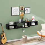 IBUYKE 59" Floating TV Stand Wall Mounted with Power Outlet,Wood Wall Mounted Media Console Shelf,Floating Entertainment Center for Under TV Storage for Living Room Bedroom Office,Black WST007B IBUYKE