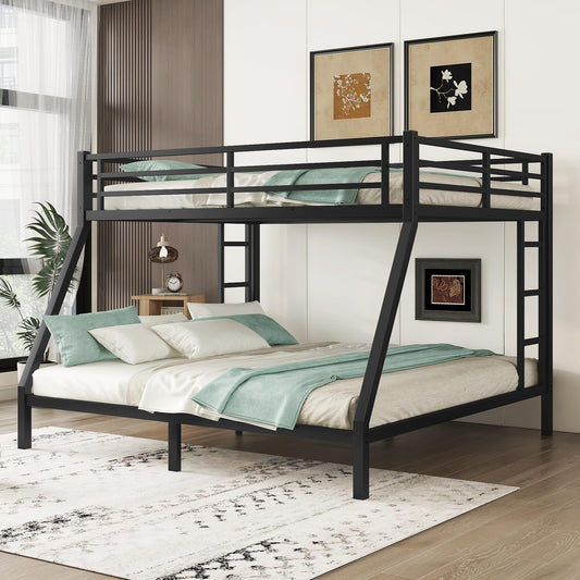 mikibama Queen Over King Bunk Bed,Metal Heavy Duty Bunk Beds for Adults,Queen Bunk Bed with Inclined Ladder,Industrial Bunkbeds for Kids,Adult,Small Spaces,Space Saving. (New Black, Queen Over King)