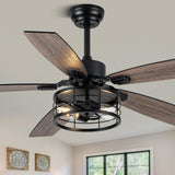 52" Ceiling Fans with Lights, Modern Farmhouse Caged Ceiling Fan with Light and Remote, Reversible Motor, 5 Double Finish Wood Blades, Chandelier Rustic Ceiling Fan for Living Rooms, Bedroom Oaks Aura