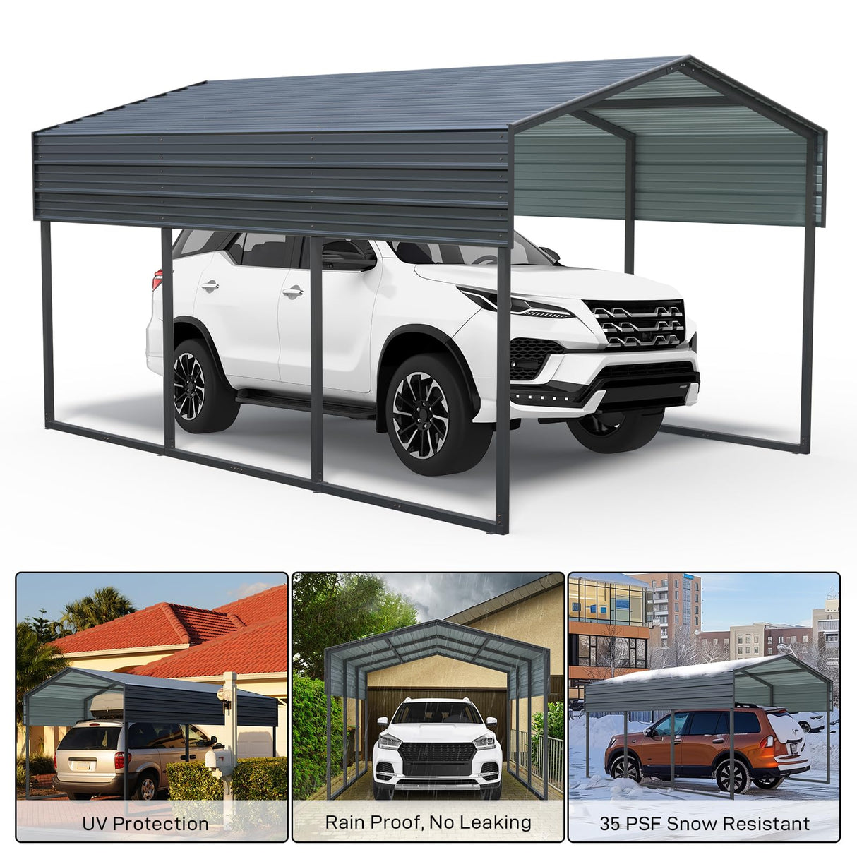 Outvita Heavy Duty Metal Carport, 10x15FT, Gray, Vehicle Protection, Outdoor Gatherings Outvita