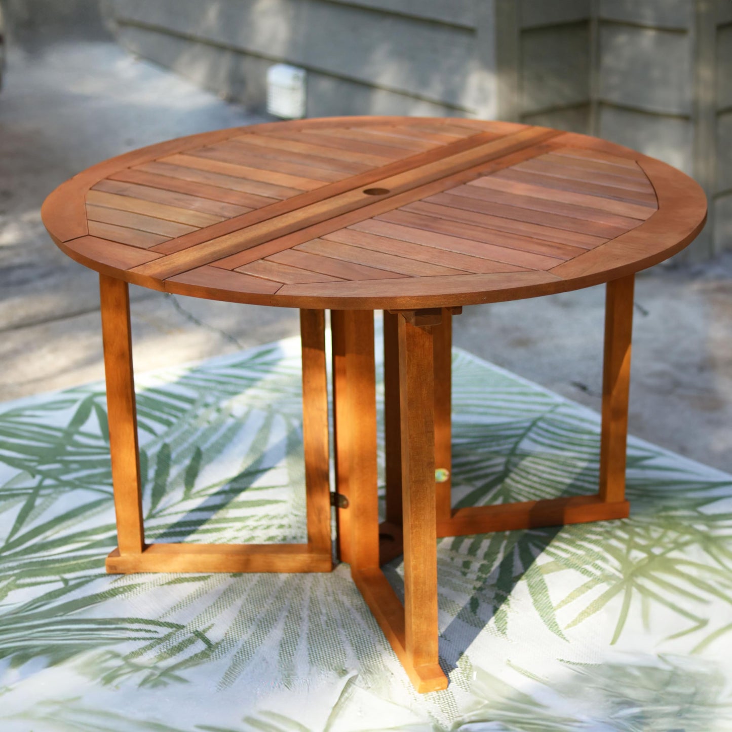 Sunnydaze Malaysian Hardwood Folding Gateleg Patio Dining Table with Teak Oil Finish – 4-Person Space-Saving Round Outdoor Table - 47.25” D x 29" H - WoodArtSupply