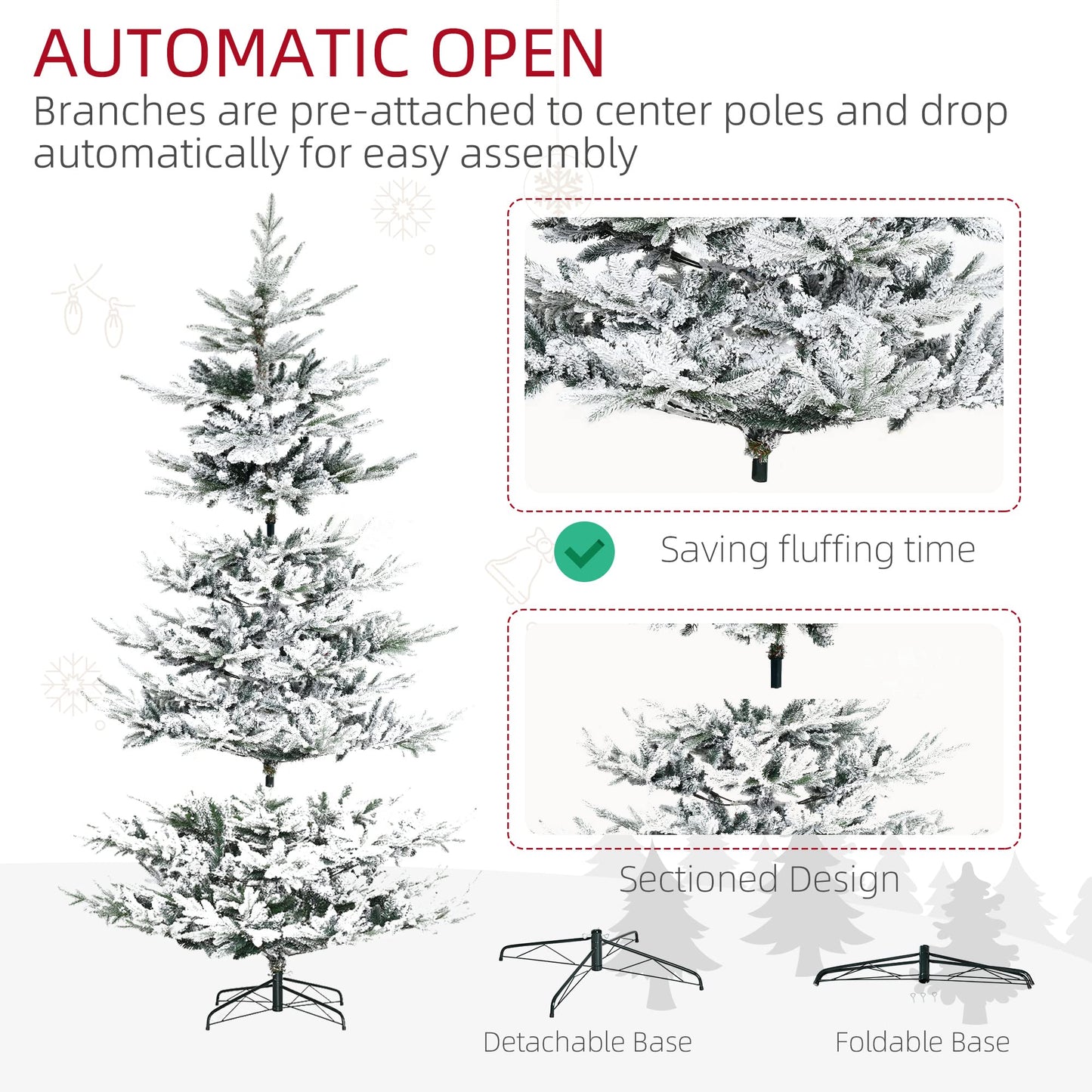 HOMCOM 8 Foot Pine Snow Flocked Artificial Christmas Tree with 1479 Realistic Cedar Branches, Auto Open, Home Holiday Decoration, Green