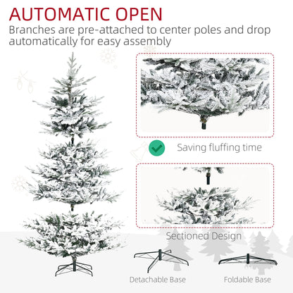 HOMCOM 8 Foot Pine Snow Flocked Artificial Christmas Tree with 1479 Realistic Cedar Branches, Auto Open, Home Holiday Decoration, Green