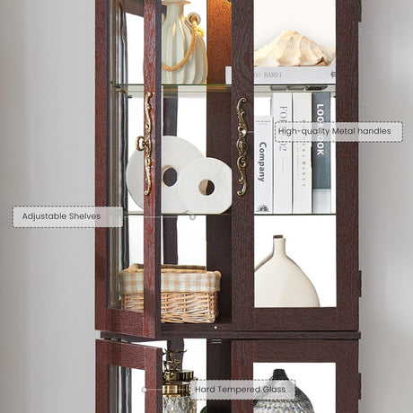 Lighted Curio Cabinet 71" Vintage Glass Display Case with Adjustable Shelves, 4 Tempered Glass Doors, Bulb Included, Wooden Square Wine Bar China Cabinet for Living Room Liquor Storage (Dark Cherry) CKEASEAN