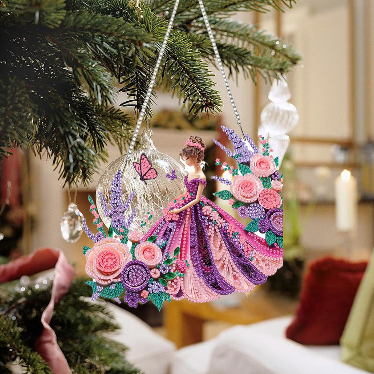 Auremi Flower Diamond Painting Pendant Kits,5D Princess Diamond Art Diamond Painting Hanging Kits,DIY Special Shaped Diamonds Painting Suncatcher Pendant Kit for Adults for Gift Wall Home Decor Auremi