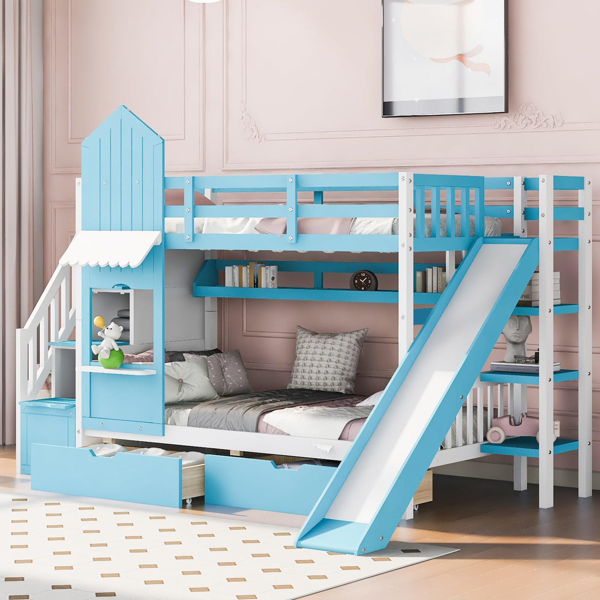 Kids Bunk Bed with Stairs and Slide, Wood Twin Over Twin Bunk Bed with Storage Drawers and Shelves, Castle Style Bunk Beds for Kids Teens Girls Boys, Blue Bellemave