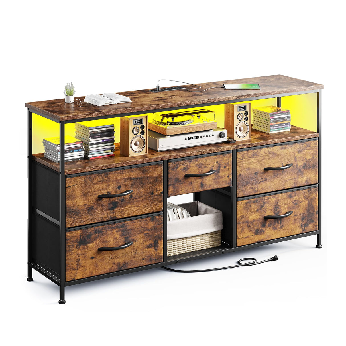 EnHomee TV Stand Dresser for Bedroom with 5 Drawer,Entertainment Center for 50 inch Television, Media Console Table with Storage, Open Shelf, Living Room,Rustic Brown EnHomee