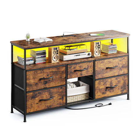 EnHomee TV Stand Dresser for Bedroom with 5 Drawer,Entertainment Center for 50 inch Television, Media Console Table with Storage, Open Shelf, Living Room,Rustic Brown EnHomee