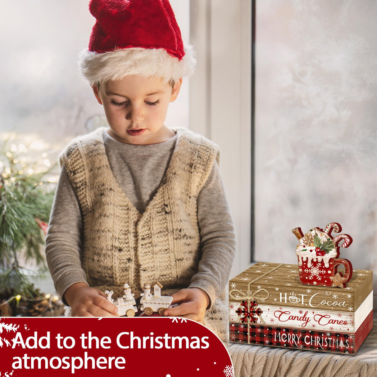 Culudea 4Pcs Christmas Hot Cocoa Table Decoration Farmhouse Holiday Tiered Tray Decor Rustic Merry Christmas Wooden Faux Book Stack Sign Winter Table Centerpiece for Home Office Shelf Mantel Decor Culudea