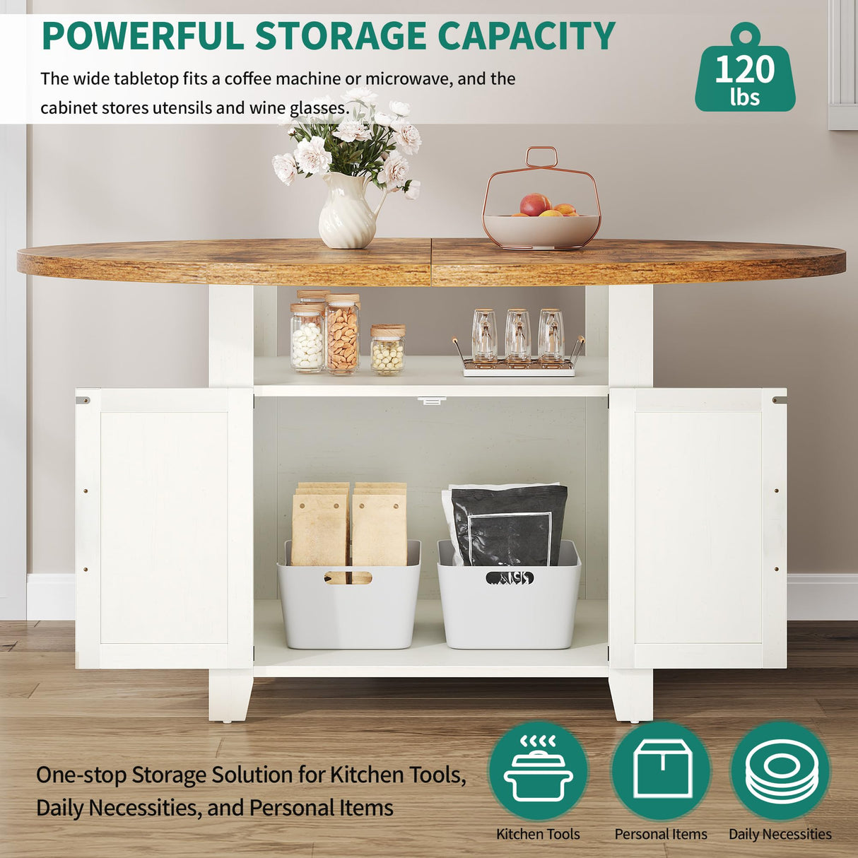 DWVO 55 Inches Round Dining Table for 6-8 People Farmhouse Circle Dining Room Table Large Kitchen Desk with 2 Tier Storage Rack for Kitchen Apartment Resturant, White DWVO