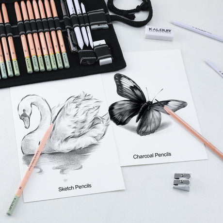 KALOUR 29 Pro Sketching Drawing Pencils Set with Roll-Up Nylon Case – 14 Graphite Pencils (14B–5H), Charcoal Pencils, Erasers, Sharpener & Stumps – Complete Art Kit for Artists & Beginner KALOUR
