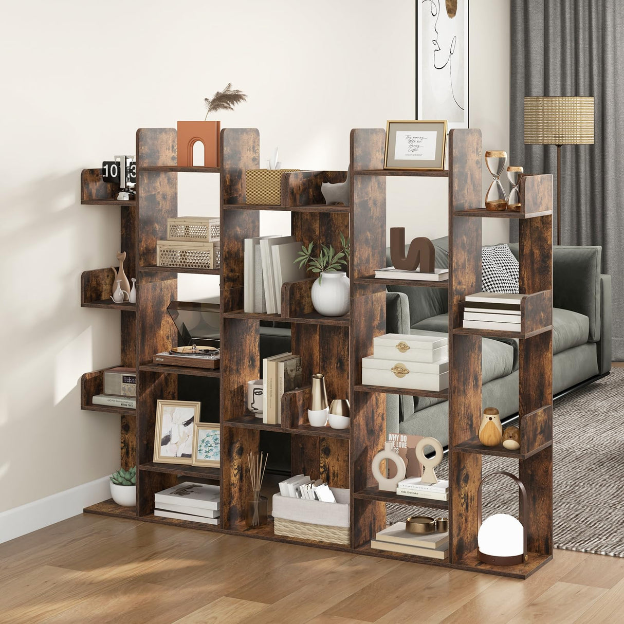 Giantex Rustic Brown 7-Cube Tree Bookshelf with 13 Open Shelves - Stylish Corner Storage Organizer for Living Room and Study Giantex