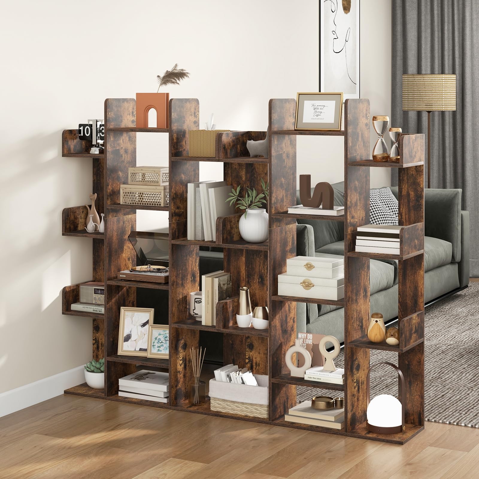 Giantex Rustic Brown 7-Cube Tree Bookshelf with 13 Open Shelves - Stylish Corner Storage Organizer for Living Room and Study - WoodArtSupply