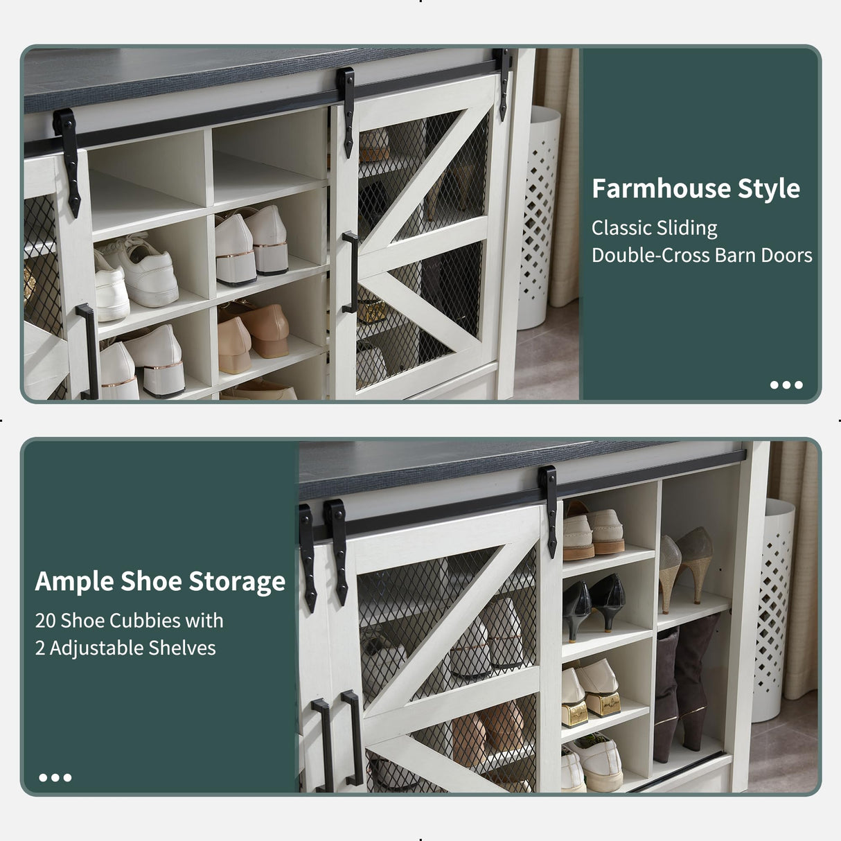 JXQTLINGMU Farmhouse Entryway Bench with Coat Rack, 20 Shoe Cubbies & 12 Coat Hooks, 59" Wide Hall Tree with Shoe Storage Bench, Sliding Barn Doors, Mudroom Storage Cabinet, Off White JXQTLINGMU