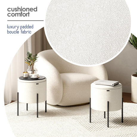 STORAGEBUD Round Ottoman with Storage, Boucle Storage Ottoman, Foot Stool Ottoman, Makeup Vanity Stool, Small Ottoman Foot Rest, Modern Ottomans for Living Room and Bedroom, White STORAGEBUD