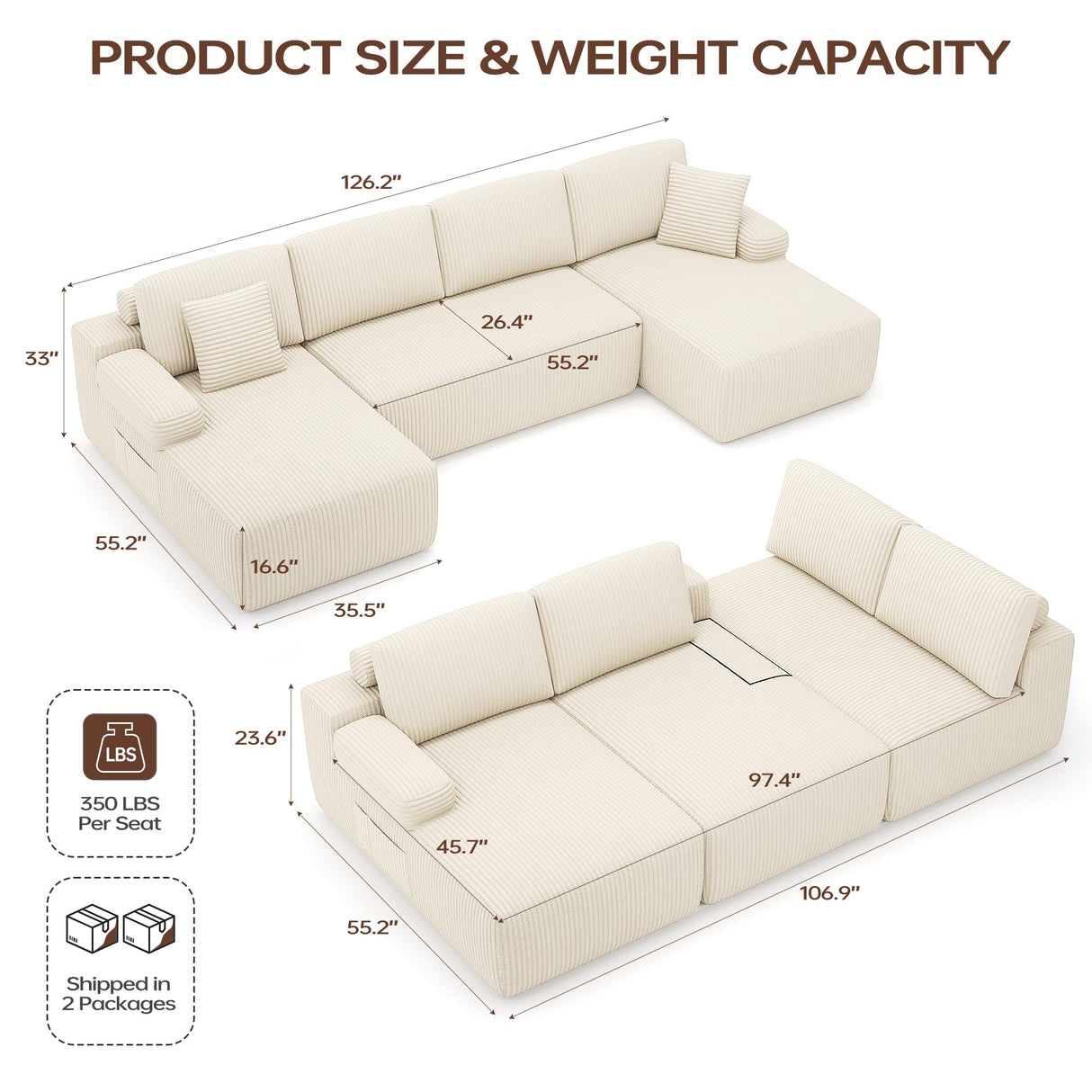 DURASPACE 126.2'' Modular Sectional Sofa, Convertible U Shaped Cloud Couch with Memory Foam, Corduroy Boneless Sectional Couches for Living Room, No Assembly Required (Beige) DURASPACE