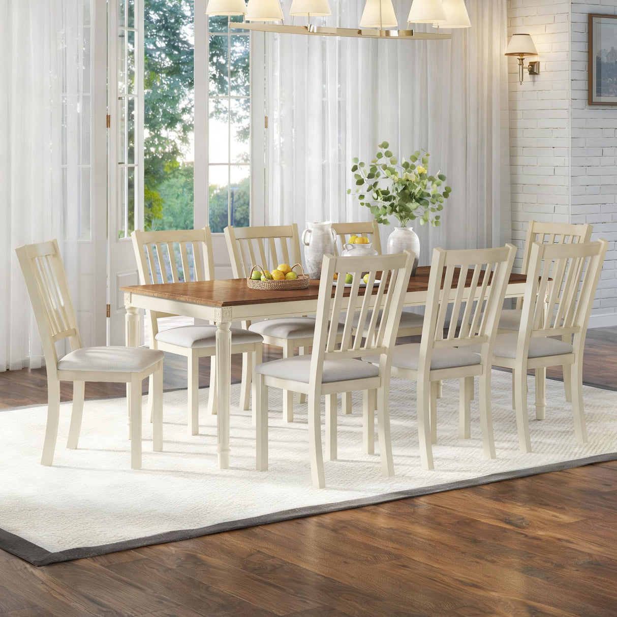 AMERLIFE 9-Piece Farmhouse Solid Wood Dining Table Set with 8 Upholstered Chairs, Roman Conical Legs, Seats up to 8, 79'' Dining Table & Chairs Set for Kitchen and Dining Room, Brown & White AMERLIFE