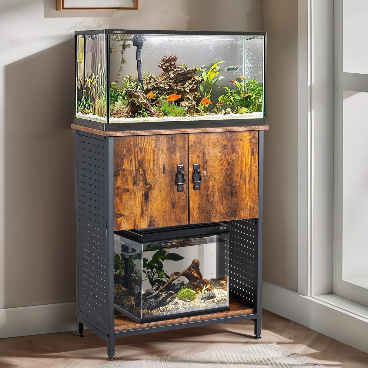 VINGLI 20 Gallon Fish Tank Stand, Metal Frame Aquarium Stand with Cabinet for Double Fish Tank ＆ Accessories Storage, 25.99" L* 13.78" W Tabletop, 550 LBS Capacity, Rustic Brown VINGLI