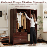 EITACHUL Solid Wood Brown Armoire Wardrobe Closet: 3 Door Solid Wood Wardrobe Cabinet with 2 Drawers, Armoire Closet with Hanging Rods Storing Clothes for Bedroom EITACHUL