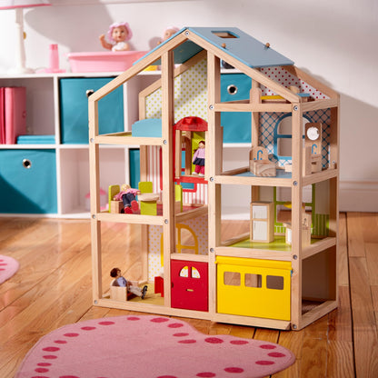 Melissa & Doug Hi-Rise Wooden Dollhouse With 15 pcs Furniture - Garage and Working Elevator - WoodArtSupply