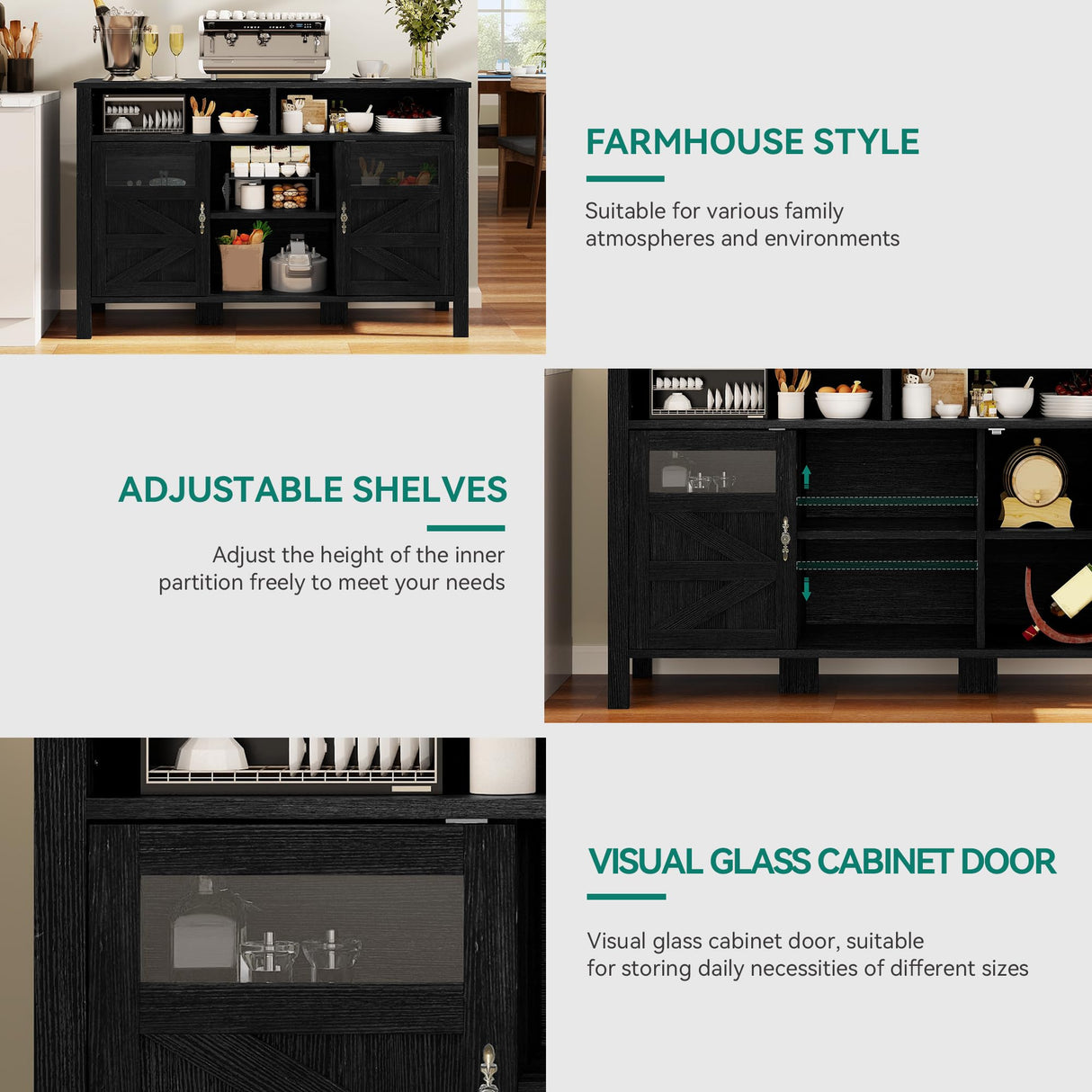 YITAHOME 55'' Farmhouse Buffet Cabinet with Storage, Large Sideboard Cabinet with 2 Doors & Open Storage, Versatile Coffee Bar Table for Kitchen & Living Room (Black) YITAHOME