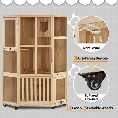 MCombo Large Corner Cat House Villa, Wooden Indoor Cat Enclosure with Scratching Post, Multi-Feature Enclosed Cat Cages with Escape Doors, Wood Cat Condo with Wheels CT96 - WoodArtSupply