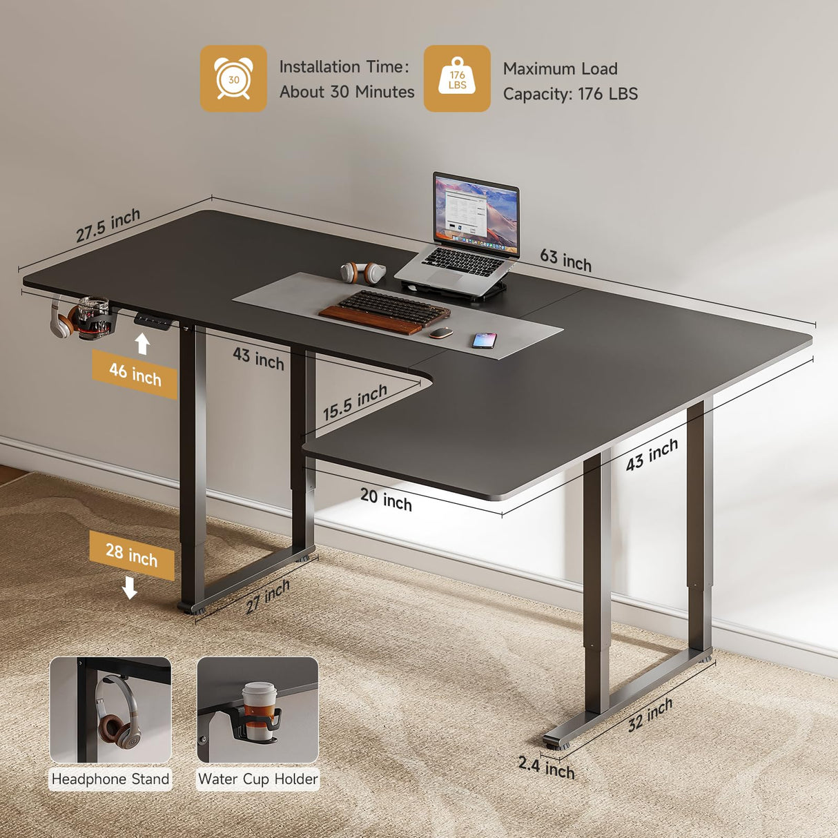 ONBRILL Standing Desk, 63x43 Inches L Shaped Desk with 4 Legs, Dual Motor and Memory Controller, Electric Stand Up Desk Adjustable Height from 28-46 Inches for Computer Workstation Black ONBRILL