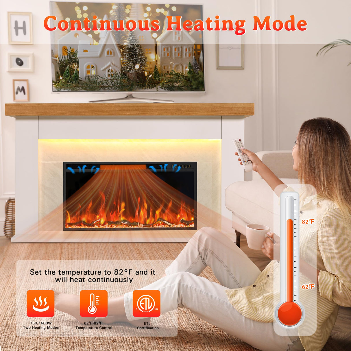 Weyderk 62"Electric Fireplace with Mantel for Living Room or Bedroom, Replaceable 36"Fireplace Insert Heater, Grey Marble Finish with Mantel, 3D Realistic Log and Flame Effect, Remote Control, Timer Weyderk