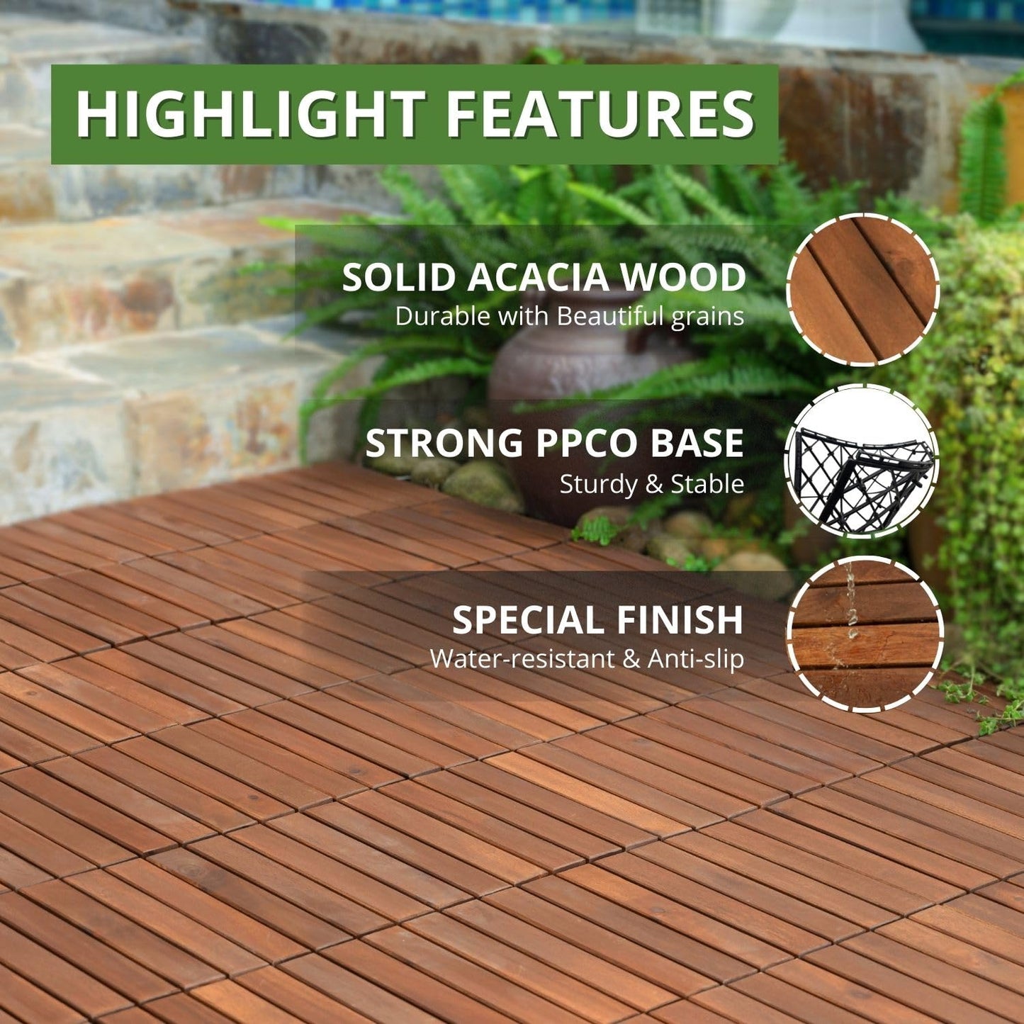 BEEFURNI 20PCS Interlocking Deck Tiles 12" x 12", Acacia Wood Deck Tiles Interlocking Outdoor All Weather, Indoor Outdoor Flooring Tiles for Balcony Decor, Patio, Backyard (Dark Brown)