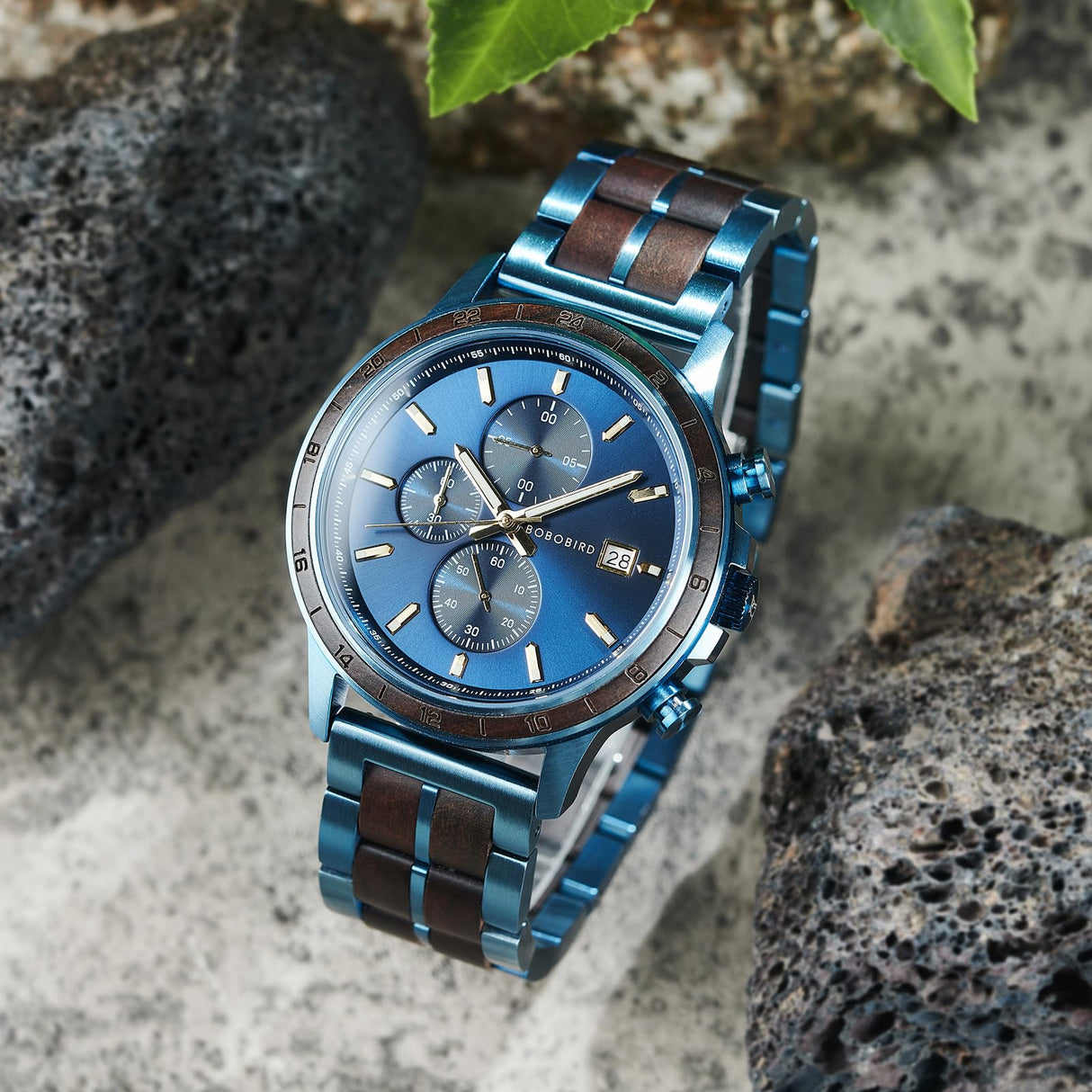 BOBO BIRD Men's Wooden Watch with Stainless Steel Wood Strap, Japanese Quartz Movement, Multi-Functional Chronograph Watch for Business and Daily Wear (Bule) BOBO BIRD