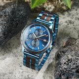 BOBO BIRD Men's Wooden Watch with Stainless Steel Wood Strap, Japanese Quartz Movement, Multi-Functional Chronograph Watch for Business and Daily Wear (Bule) BOBO BIRD