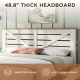 LUXOAK 48.8" H Queen Size Bed Frame with 4 Storage Drawers, Farmhouse Platform Bed with Barn Door Headboard, Rustic Wood Grain, No Box Spring Needed, Rustic White LUXOAK