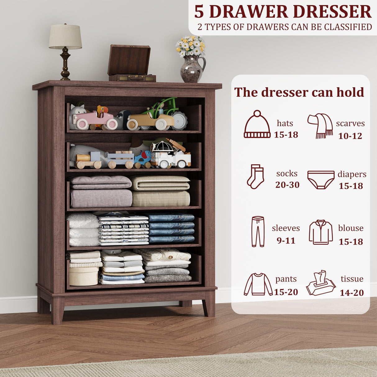 GarveeHome 5 Dresser for Bedroom, 41.3 in Tall Vertical Drawer Dresser with Large Storage, Freestanding Wooden Closet Chest for Bedroom, Living Room, Walnut GarveeHome