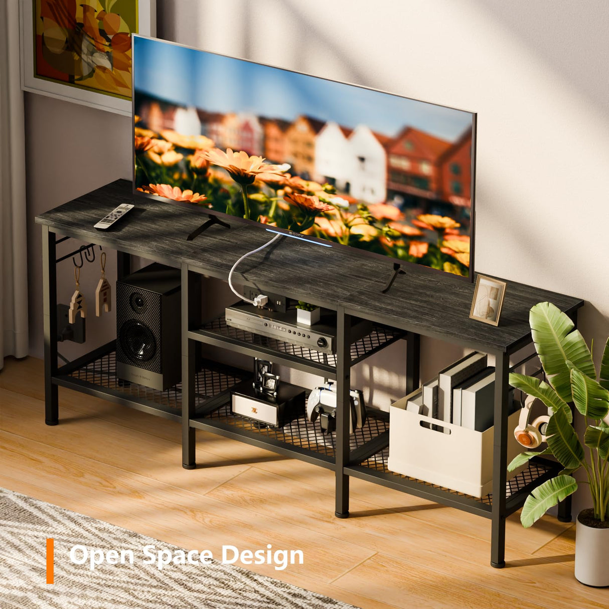 Furologee TV Stand with Power Outlets, Entertainment Center with Open Storage Shelves for TVs up to 55 Inch, TV Media Console Table with Soundbar Shelf for Living Room, Bedroom, Black Oak Furologee