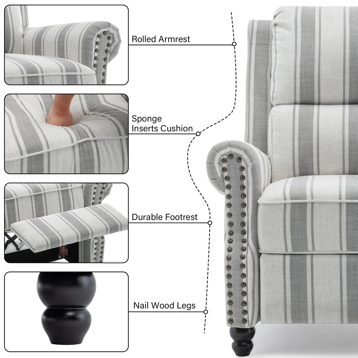 DREAMSIDEA Recliner Chair, Modern Pushback Armchair with Adjustable Backrest & Footrest for Bedroom, Living Room-Grey Stripe,1 SEAT DREAMSIDEA