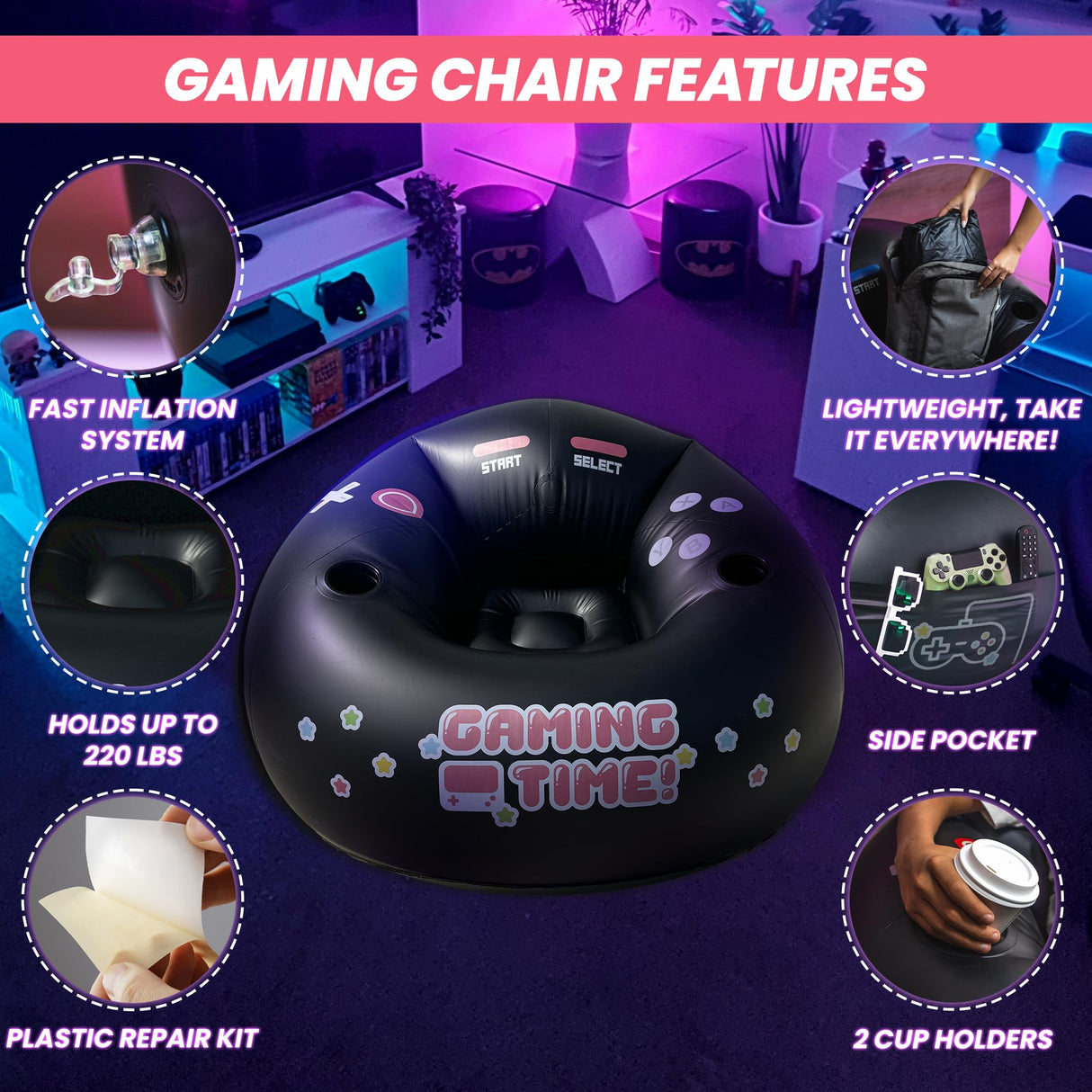 Inflatable Gaming Chair for Kids & Teens with Cup Holders and Side Pocket - This Air Gaming Bean Bag Chairs for Kids is The Perfect Furniture for Gamer Room Decor - Perfect Gaming Stuff for Boys 4-12 FranFusion
