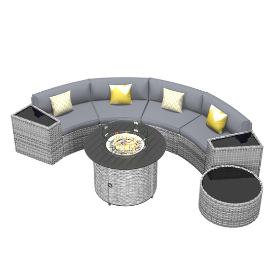 Amopatio Patio Furniture Set with Fire Pit Table, 8 Pieces Curved Patio Sectional Couch with Storage Armrest Table and 4 Pillows, Round Fire Pit Conversation Sets with Waterproof Covers (Grey - WoodArtSupply