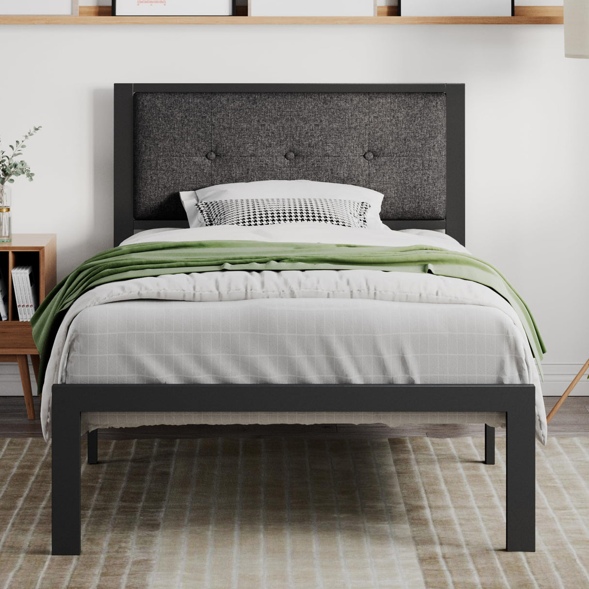 SHA CERLIN Twin Size Platform Bed Frame with Upholstered Headboard, Metal Slats Support, Button Tufted Square Stitched Headboard, Noise Free, No Box Spring Needed, Easy Assembly, Dark Grey SHA CERLIN
