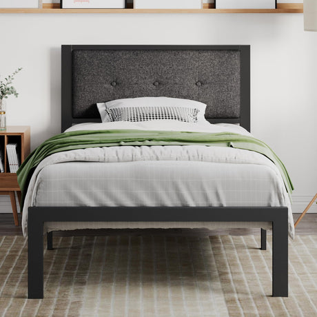 SHA CERLIN Twin Size Platform Bed Frame with Upholstered Headboard, Metal Slats Support, Button Tufted Square Stitched Headboard, Noise Free, No Box Spring Needed, Easy Assembly, Dark Grey SHA CERLIN