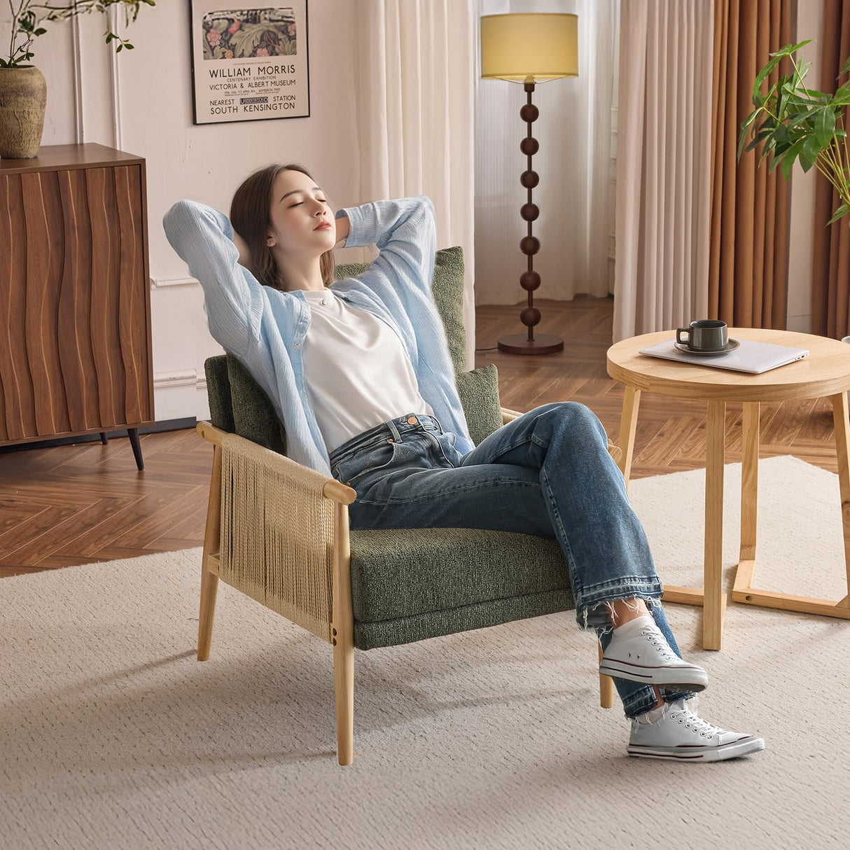 VINGLI Boho Braid Accent Armchairs Set of 2,Mid-Century Modern Chiars with Solid Wooden Armrest,Comfy Louge Cushion Chairs with Waist Pillow for Bedroom,Living Room,Reading Room, Dark Green VINGLI