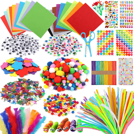 DOITEM Pipe Cleaners Craft Supplies, 1500+Pcs Arts and Crafts Supplies Including Pipe Cleaner Wiggle Googly Eyes Pom Poms Feathers Sticks Sequins Foam Flowers Papers Felt Stickers DOITEM