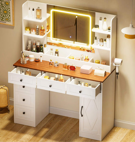 COMHOMA Makeup Vanity Desk with Mirror and Lights, Large Vanity Table with 6 Drawers & 1 Storage Cabinet, White Bedroom Dresser Table for Girls, 3 Color Modes Adjustable Mirror, Antique Brown COMHOMA