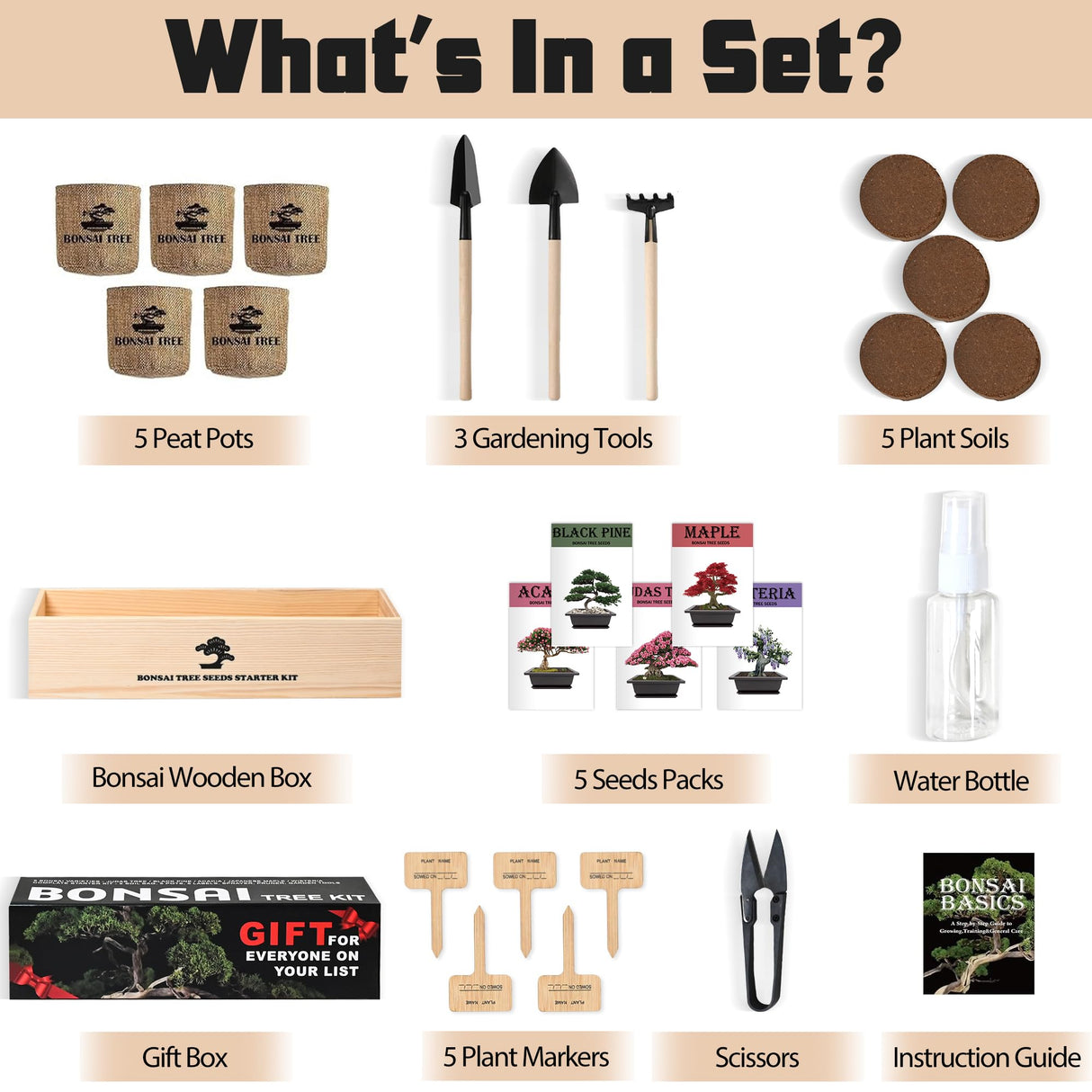 Sproutix Indoor Bonsai Garden Starter Kit, 5 Seeds Growing into Red Maple, Wisteria, Black Pine, Judas Tree, Acacia, Including Complete Gardening Planters & A Wooden Box, Christmas Gifts for Women SPROUTIX