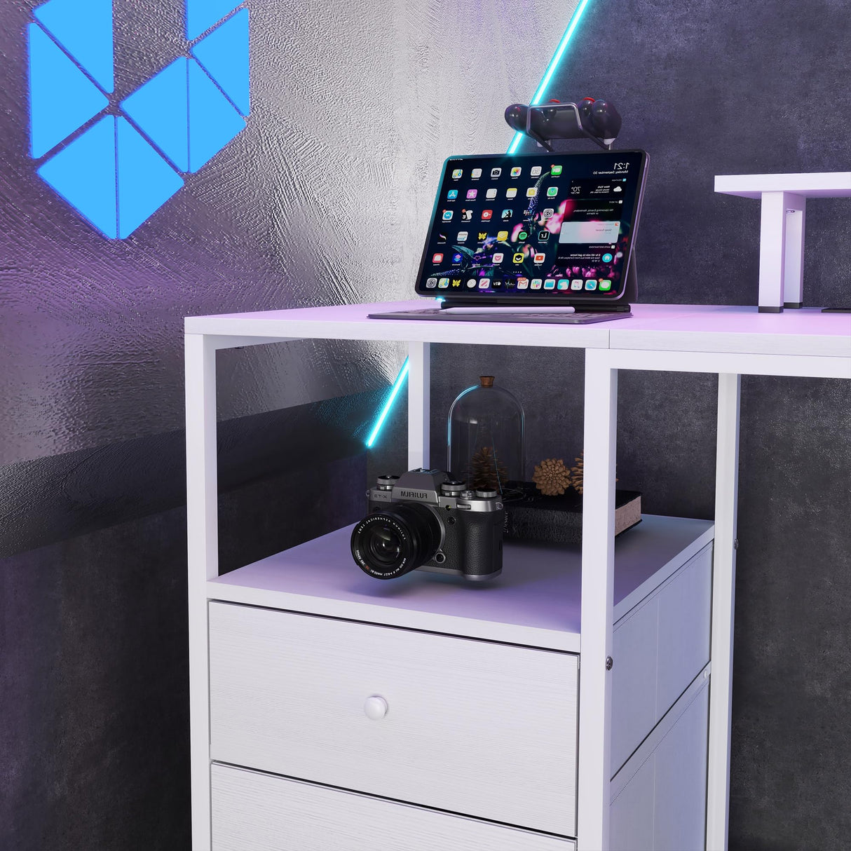 HOMCOM 61" Computer Desk with LED Lights, Power Outlets, and USB Ports, Gaming Desk with Storage Shelves, Monitor Stand, Fabric Drawers & Remote for Home Office Study, Distressed White HOMCOM