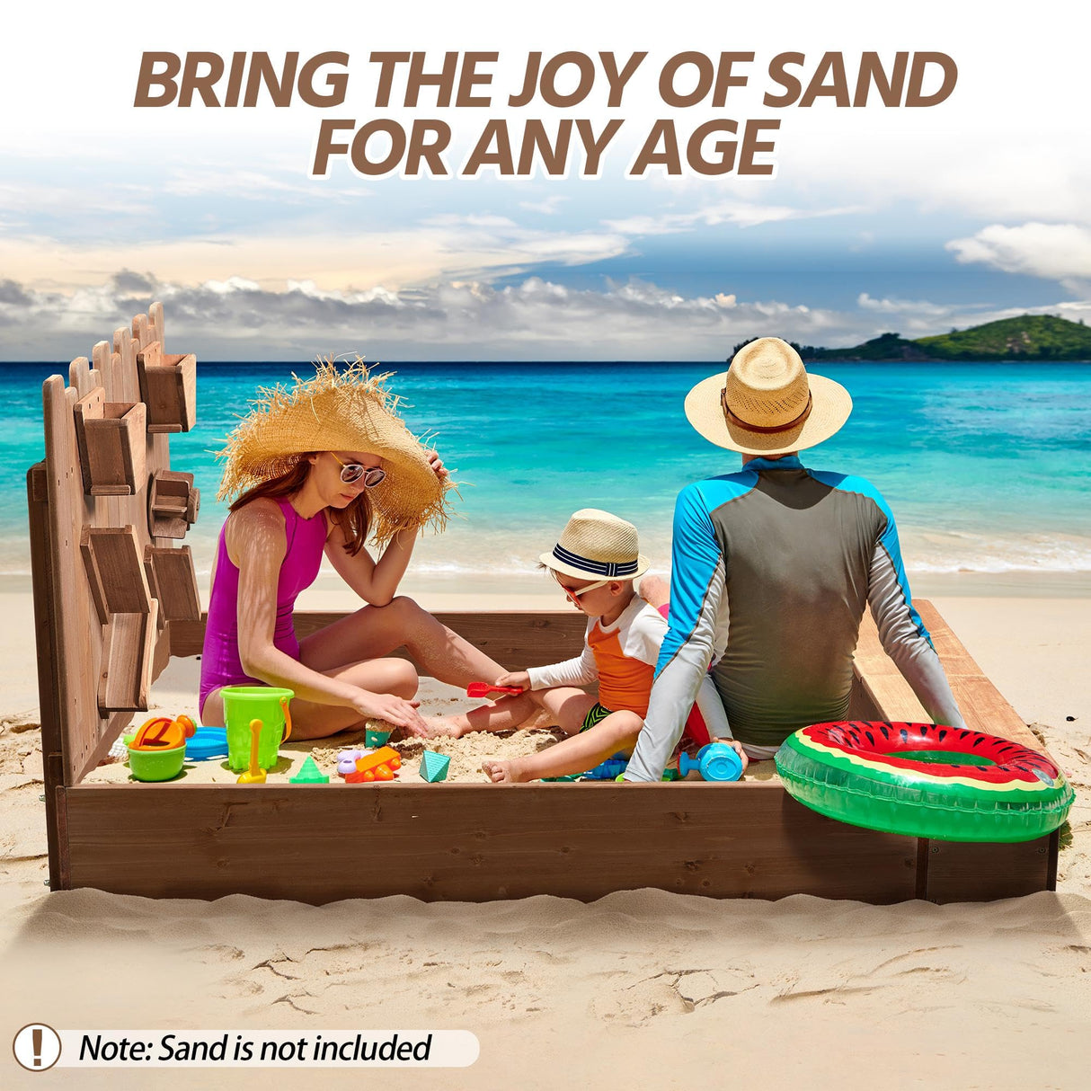 Yaheetech 53× 44.5in Wood Sand Box for Kids Ages 3-8, Sandboxes for Backyard Patio Garden Beach Outdoor Play Use, w/Fabric Liner Funnel Chutes Spinning Wheel & 2 Storage Compartments Yaheetech