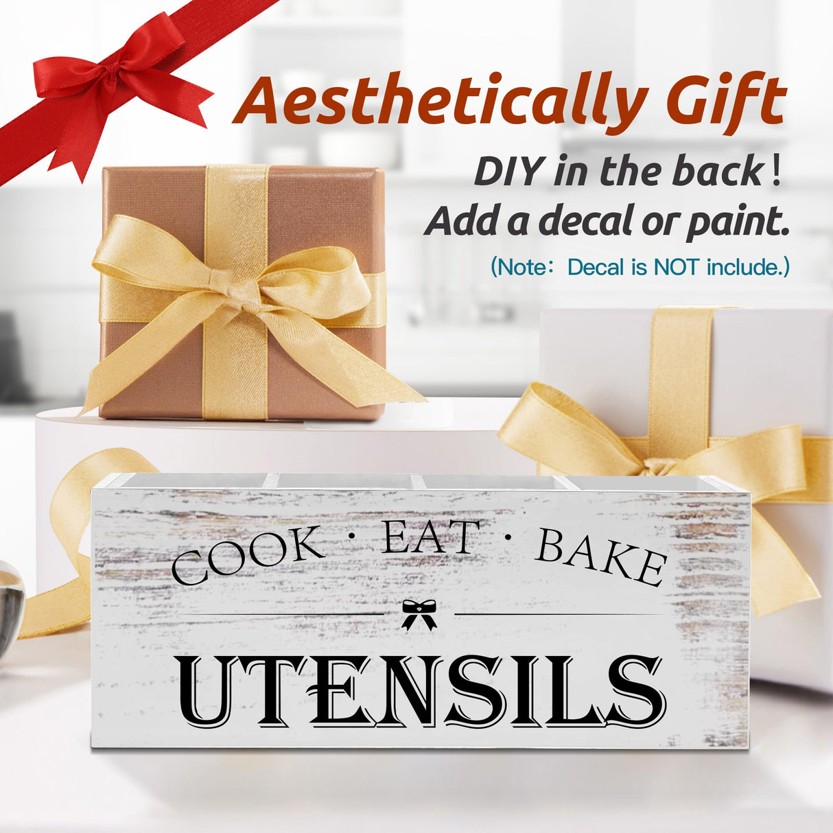 Suli Extra Large Kitchen Utensils Holder with 4 Compartments, Wooden Utensil Organizer for Kitchen Countertop, Farmhouse Kitchen Decor, Rustic Cooking Utensil - White grain Suli