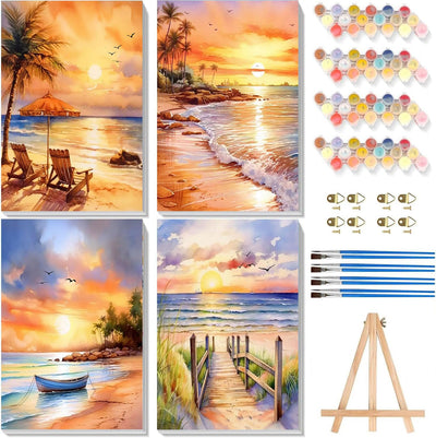 4 Pack Framed Paint by Numbers Kit for Adults Beginners-Beach Adult Paint by Number Kits on Canvas Framed, Sunset Landscape DIY Acrylic Oil Painting by Numbers for Adults for Gift Home Decor(8x12inch)