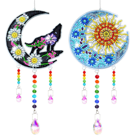 ZYNERY 2 PCS Diamond Painting Wind Chime, Suncatcher Kit Diamond Art for Adults Kids, Painting Kits Hanging Pendant for Home Garden Outdoor Decor (Moon Wolf, Moon Sun) ZYNERY